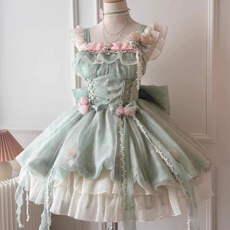 【2枚購入で 3oo円OFF！】春の感覚森林庭スタイルの女の子甘くてかわいい花の芽のショートスカートライトドレスプリンセスロリータロリータ女性