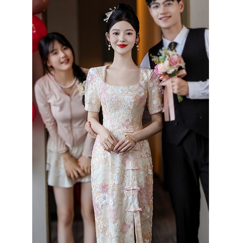 婚約ドレススカート女性フィッシュテールハイエンド新しい中国風ピンクの花嫁の結婚式のトーストドレス2025新しい小さな