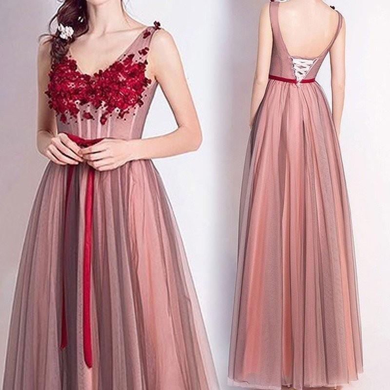 2023新作 パーティードレス パーティドレス 赤 ピンク 立体花 刺繍 レース ロングドレス 演奏会 発表会 ピアノ 舞台 ステージ お呼ばれ おしゃれ