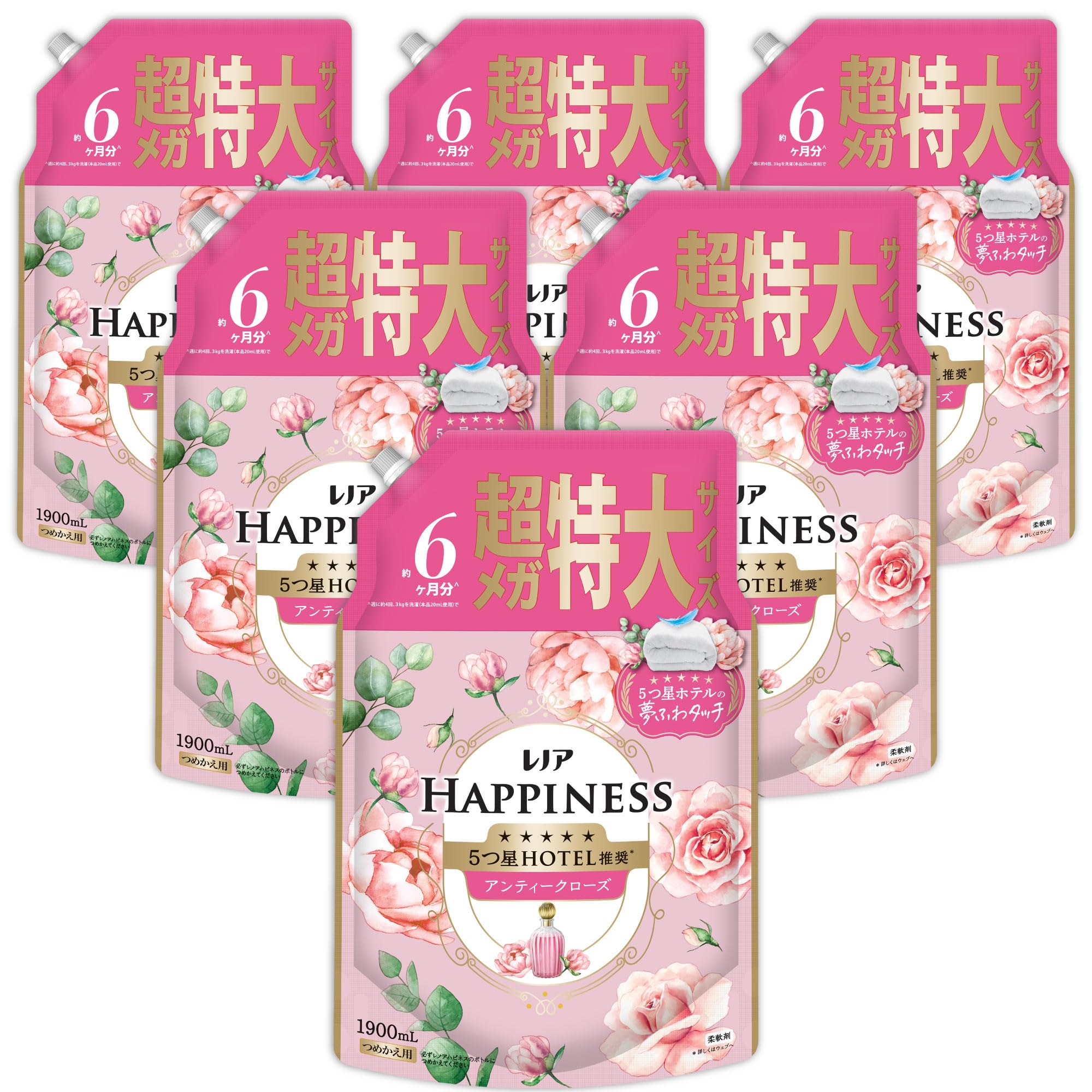 即日発送 レノア Lenor ハピネス 夢ふわタッチ 柔軟剤 アンティークローズ 詰め替え 1,900mL×6袋 [大容量] [ケース品]