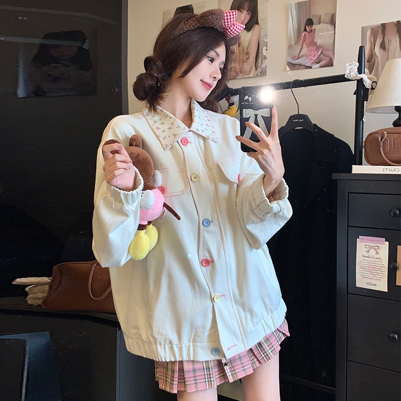 デニムジャケットピンク花柄襟 可愛い 百掛け レディトップス 羽織 カジュアル コート