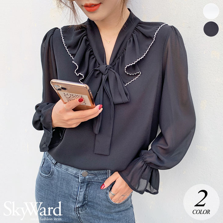 【 急速出荷】シアー リボン ボウタイ ブラウス 長袖 トップス シャツ キャンディースリーブ ボリューム袖 シースルー 透け感 ゆったり 大きめ 無地 可愛い オケージョン セレモニ