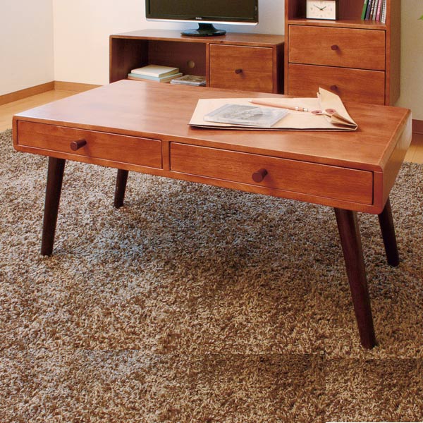 ローテーブル　引出し付　北欧風　天然木　ココア　幅80cm