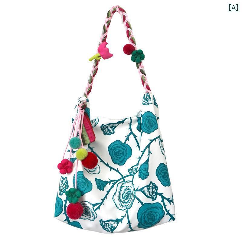 トートバッグ レディース ショルダー 鞄 a4 サイズ 縦 大容量 ファスナー ポケット キャンバス ファーボール 編み込み 旅行 普段使い レトロ かわいい 個性 花 青緑