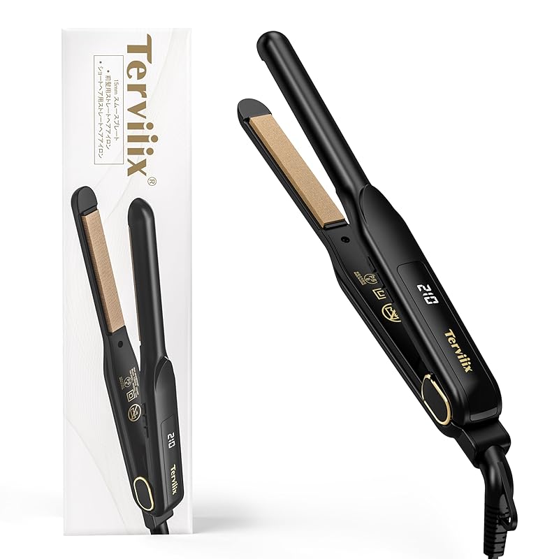 Terviiix ストレートアイロン 15mm シルキーヘアケアプレート 前髪用 ヘアアイロンメンズ 持ち運びミニヘアアイロン 10段階温度設定120-210℃ 海外対応 収納ポーチ付き