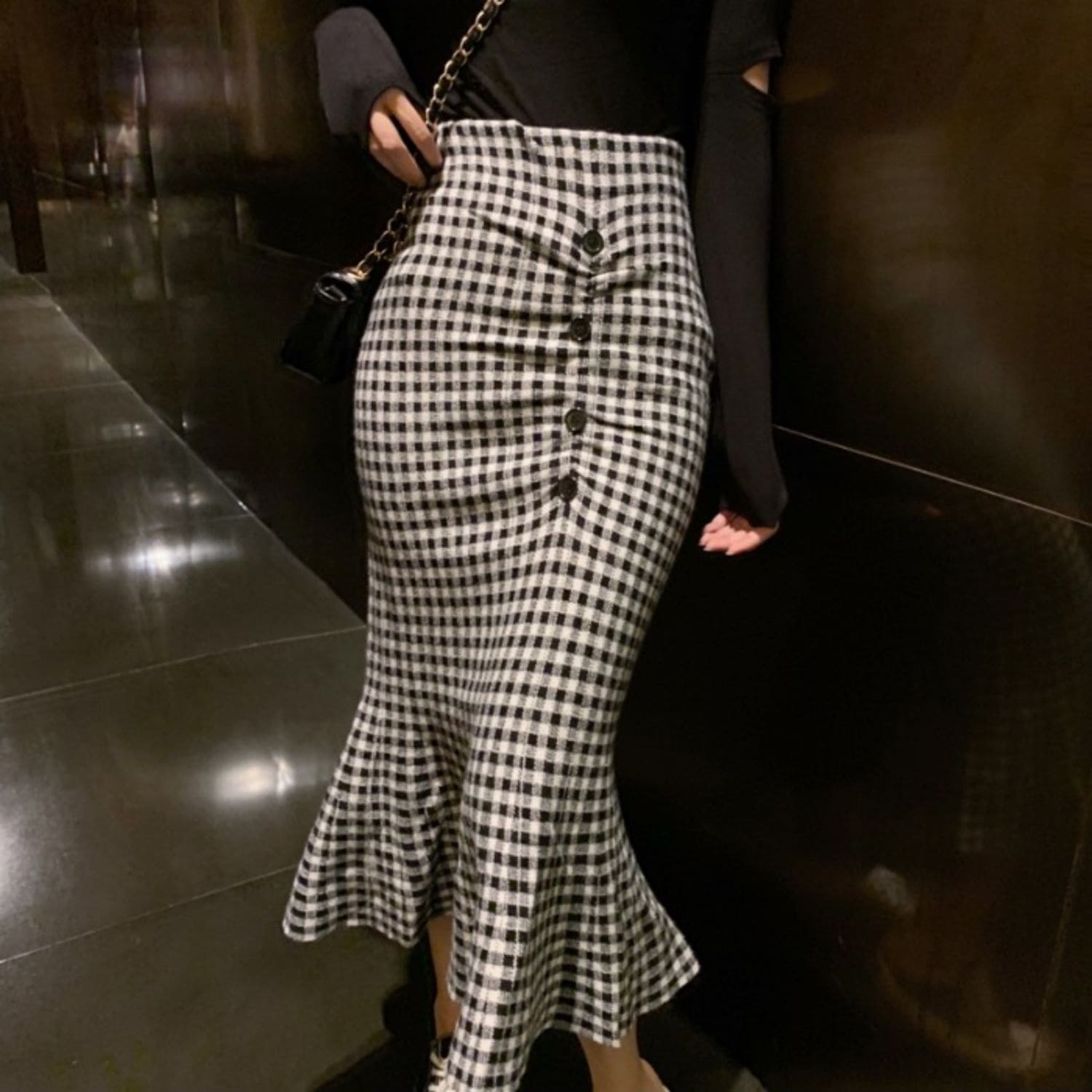 レディース スカート タイトスカート マーメイドスカート 膝丈 マーメイド フィッシュテール フェミニン ハイウエスト ボタン ギャザー バイカラー 中厚手 大人可愛い きれいめ シンプル カジュアル