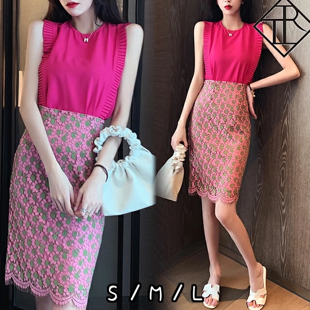 【即納】セットアップ レディース カジュアル 上下セット 春 夏 秋 ノースリーブ Tシャツ カジュアル パンチング刺繍 フリル タイトスカート レトロ お呼ばれ デート 通勤 キレイめ 花柄 レース