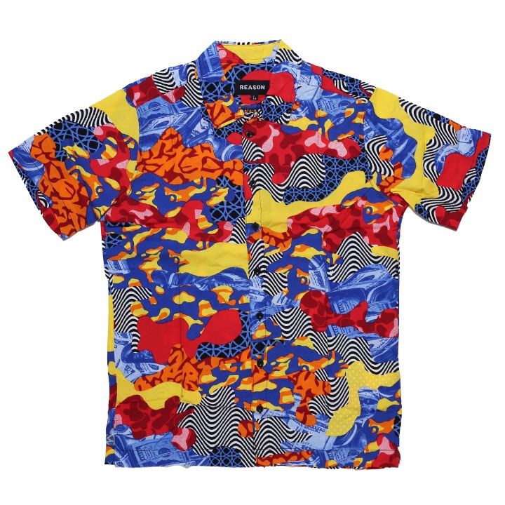 REASON 半袖シャツ メンズ 春夏用 青 大きいサイズ リーズン 柄シャツ アロハシャツ おしゃれ かっこいい 総柄 大人 ドル柄 ドル紙幣 札束 波線 丸