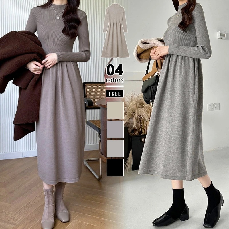 [迅速な配達][限時割!引!]ワンピース レディース きれいめ 長袖 ニット ニットワンピース ハイネック ロングワンピース ロング丈 ハイウエスト 切り替え リブニット aライン 暖かい オフィス