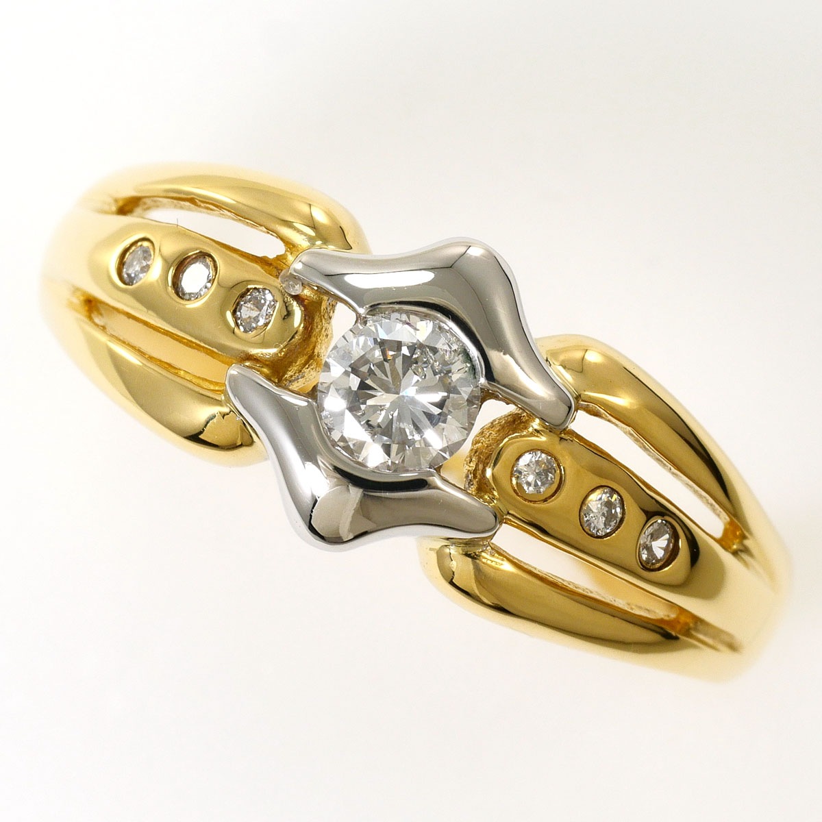 PT900 プラチナ K18 18金 YG イエローゴールド リング・指輪 15.5号 ダイヤモンド 0.28ct 鑑別書 総重量約5.2g ジュエリー 中古