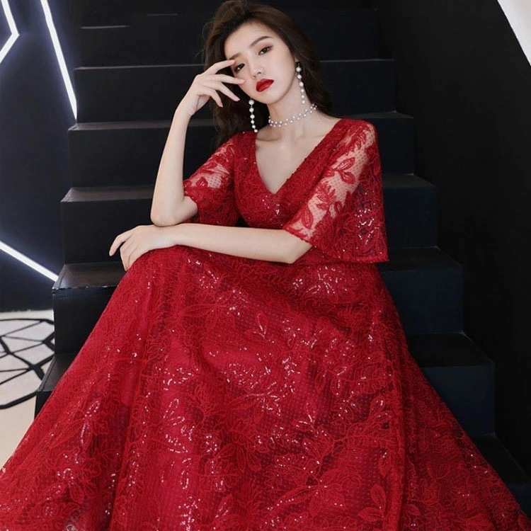 結婚式ドレス 二次会ドレス ワイン赤 レース ビーズ スパンコール キレイめ ロングドレス イブニングドレス キラキラ 発表会ドレス Vネック ワインレッド お呼ばれドレス パーティードレス 大きいサ