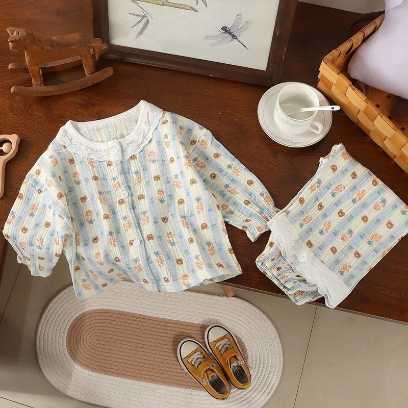 [キッズパジャマ]パジャマ 子供用ホームウェアパジャマセット9分袖長ズボン汗冷房服