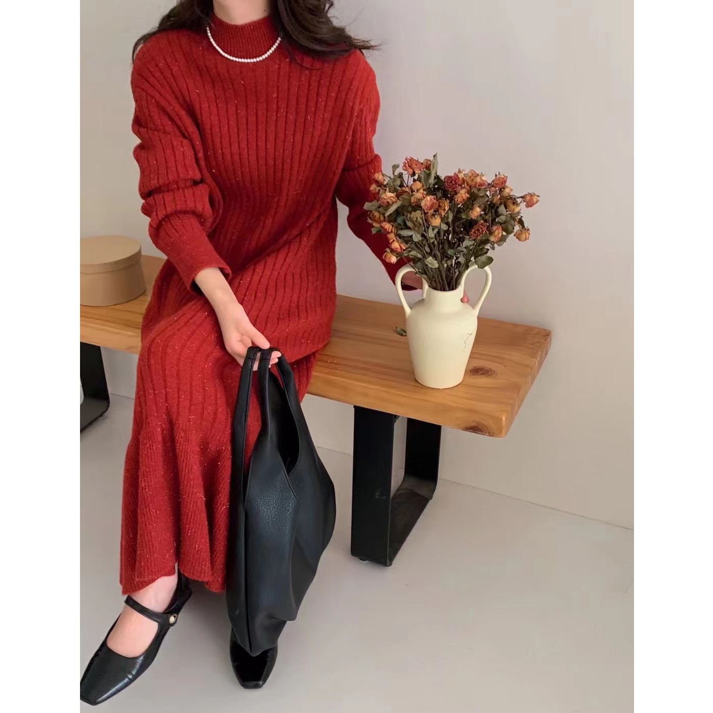 秋冬の膝丈ニットドレス怠惰なインナーレイヤー女性用のゆったりとしたミドル丈のボトムフィッシュテールセータースカートW93