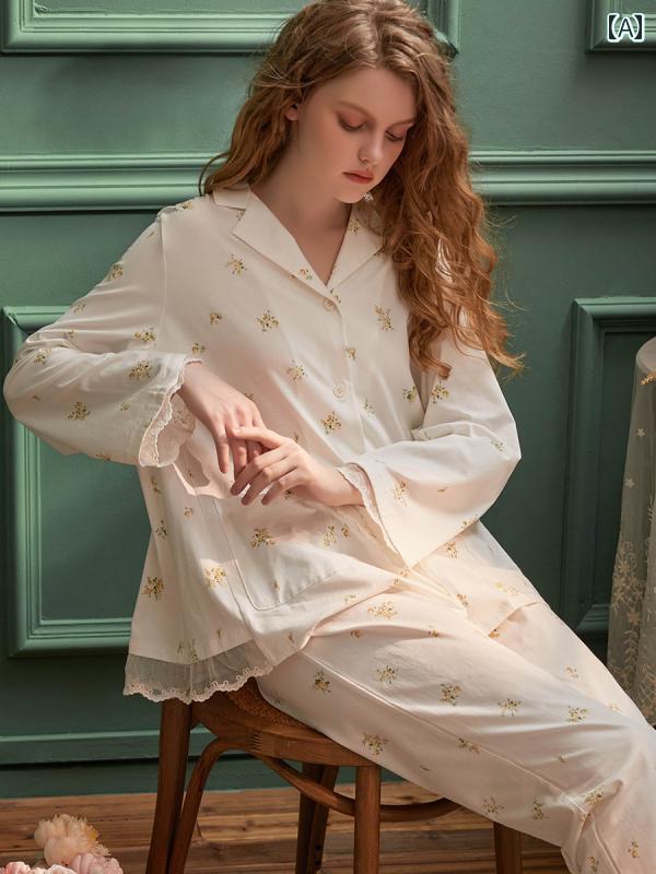 パジャマ レディース 長袖 小花柄 レース ロングパンツ 上下セット フレンチ 前ボタン ポケット付き ルーム ナイト ホームウェア