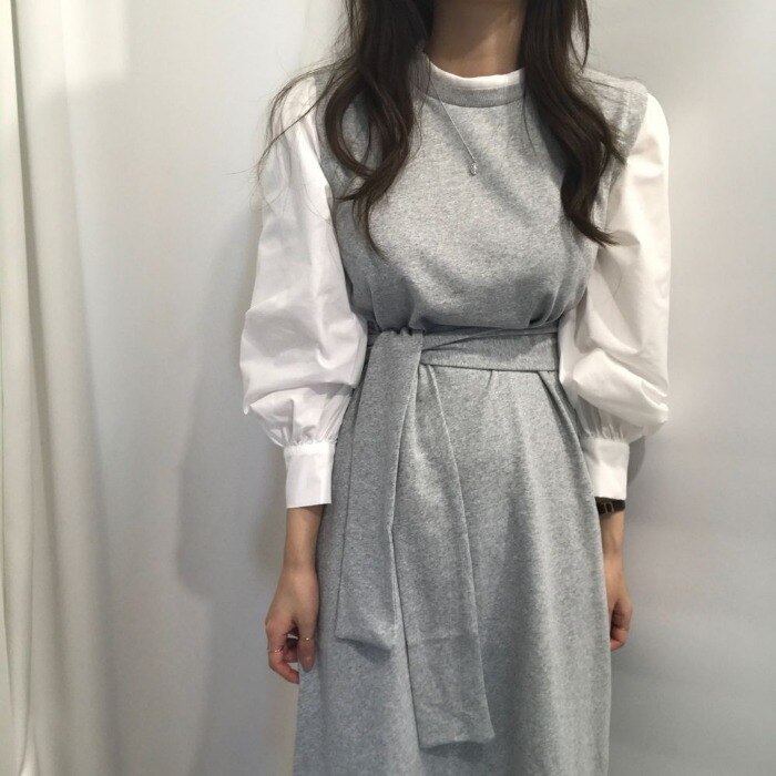 3色 ワンピース 長袖 秋冬 カジュアル シャツ付き シャツワンピース フレア 7分丈 ミディアム丈 ミドル丈 ぽわん袖 ボリューム袖 ボリュームスリーブ 袖コンシャス Uネック ラウンドネック 襟な