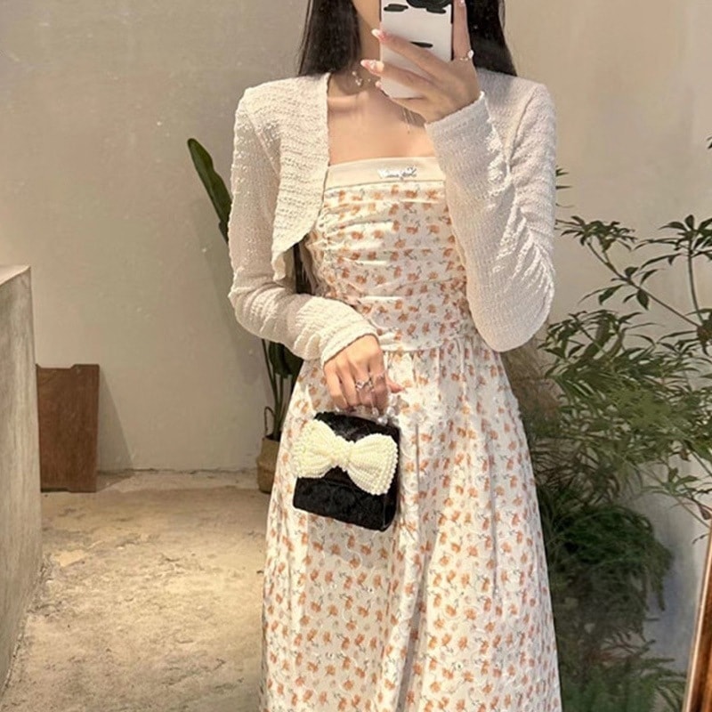 夏新作ティーブレイク優しいスタイルスーパーフェアリースカートフランス製花柄サスペンダードレスツーピーススーツ女性用