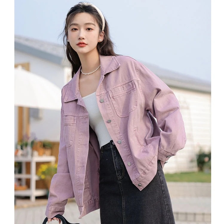 コーデに役立つ！デニムジャケット 2024春の純色デニムコート女子学生の紫デニムレディース 韓国ファッション