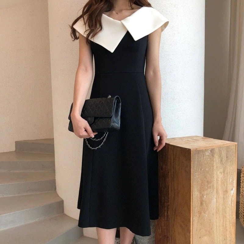 優雅　ビッグ襟ドレス　ロングワンピース　二次会　パーティードレス