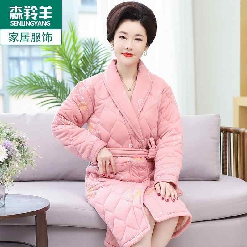 コットン 秋 冬 パジャマ い 女性 ナイトガウン 綿 三層 キルティング 厚手 マザー 暖かい ミドル丈 バスローブ