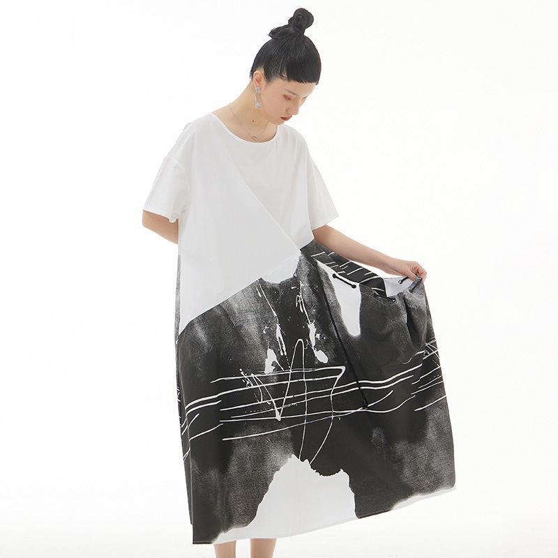 ワンピース2023ブランド人気新作半袖tシャツワンピース黒白ぼかし大きいサイズレディース韓国ファッション夏服肌にやさしい通気性