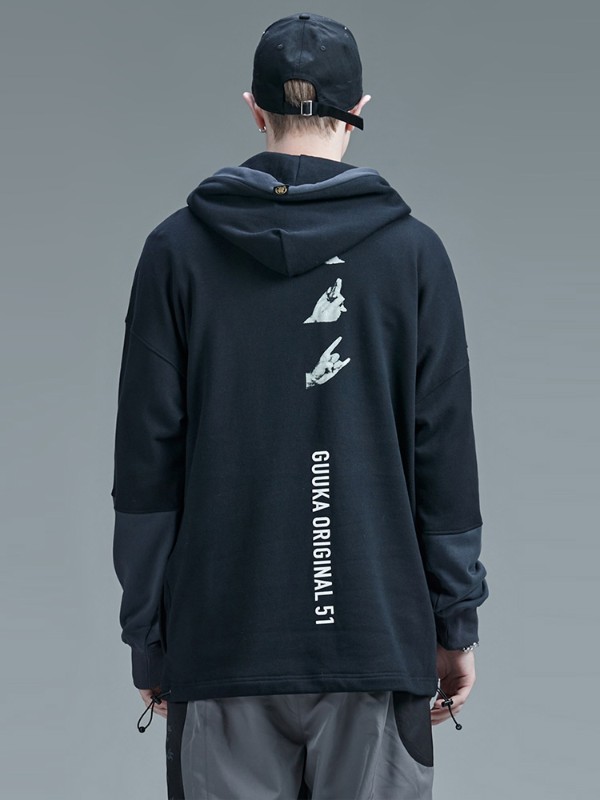 ブラック フード付き スウェットシャツ メンズ トレンド ブランド ユース ストリート ヒップホップ フェイクツーピース スポーツ パーカー ジャケット ルーズ