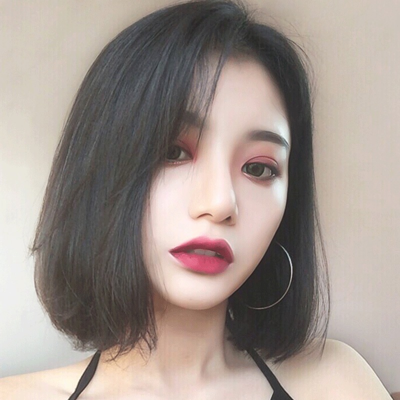 ウィッグ 女性 ショートヘア 地毛 韓国人 ボボボボ ヘッド中央部 地毛 サイド部 丸顔 ショートストレートヘア フルヘッドギア