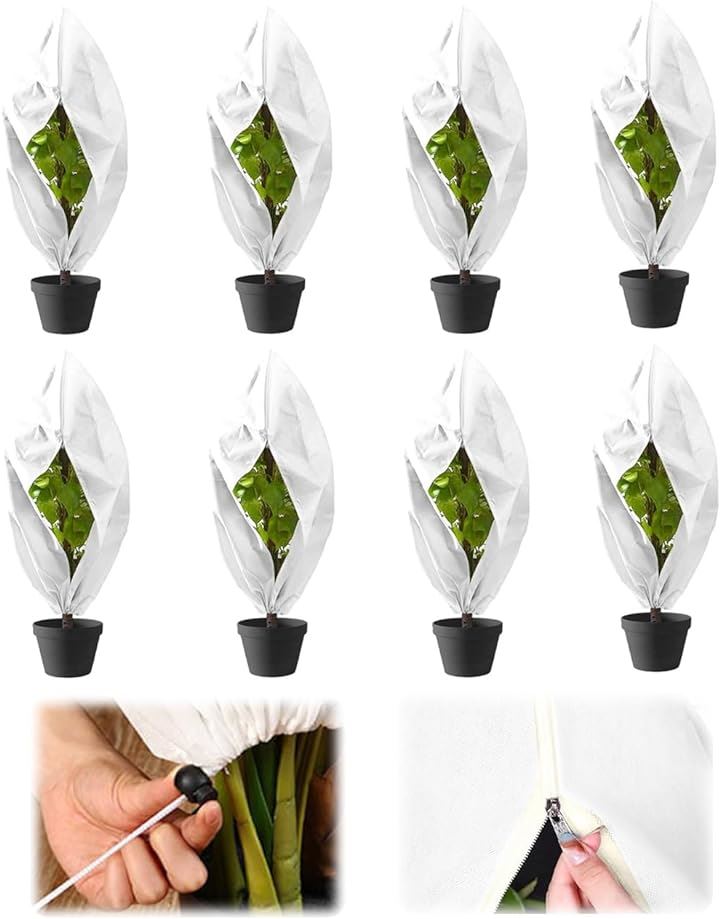 植物保護カバー 防寒 凍結防止 不織布 ジッパー付き 冬 霜除け 保温シート 防虫ネット 8枚セット60cmx80cm( 8枚セット60cmx80cm)