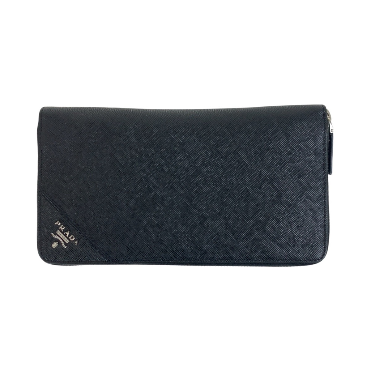 美品 サフィアーノ 三角ロゴプレート ブラック 黒 シルバー金具 レザー 長財布 ラウンドファスナー メンズ 503749