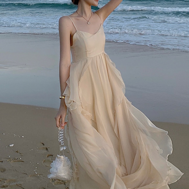 ドレス ワンピース パーティドレス Aラインドレス ワンピドレス セクシードレス コスチューム キャミドレス サマードレス マキシ丈 シフォン ハイウエスト 透け感 胸元 谷間 谷間魅せ