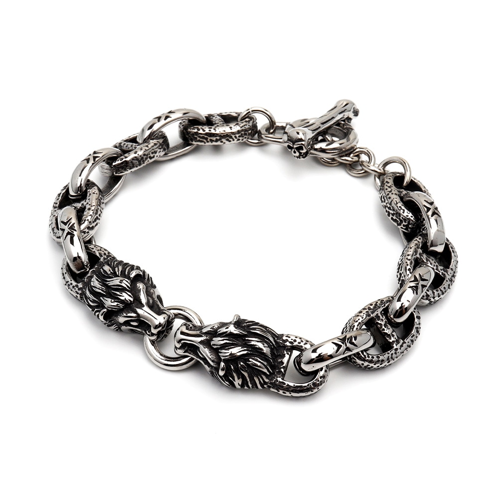 ステンレス獅子ブレスレット スカルマンテル [b547]