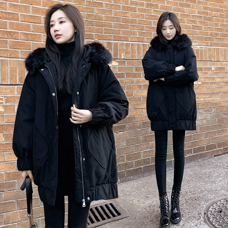 レディースミドル丈コットンコート厚みのある大きなファーカラーコットンジャケットレディースコート