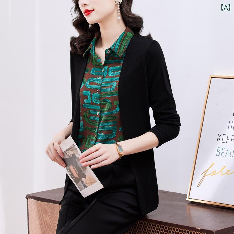 レディース　　シャツ　トップス 杭 州 ビッグ シルク シャツ レディース プリント フェイク ツーピース スタイリッシュな 長袖 高級 桑 シルク トップ