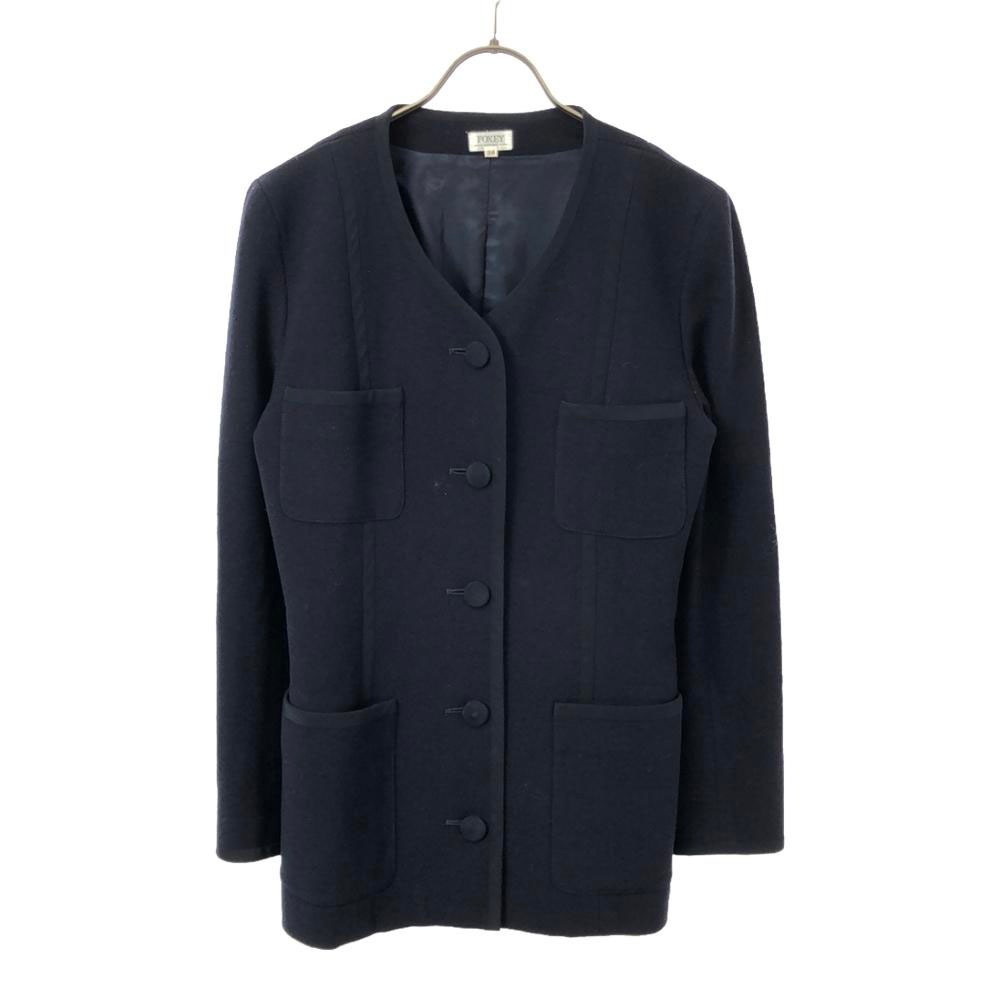 フォクシー ブティック 日本製 ノーカラージャケット 38 ブラック FOXEY BOUTIQUE レディース