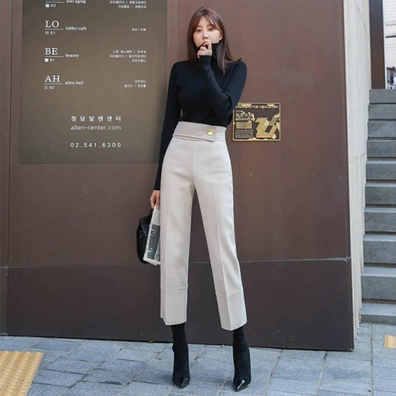 センタープレス ハイウエスト ストレート パンツ ボトムス クロップドパンツ テーパードパンツ 膝下 ミモレ ミモレ丈 ウエストマーク ファスナー ポケット かわいい 大人可愛い きれいめ シンプル