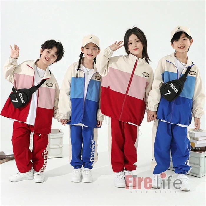 ダンスウェアセール ウインドブレーカー ジャージ 上下セット キッズダンス衣装 子供服 切り替え ブルー レッド 半袖Tシャツ HIPHOP トップス ズボン 女の子 男の子 ジャズ 派手 ステージ衣