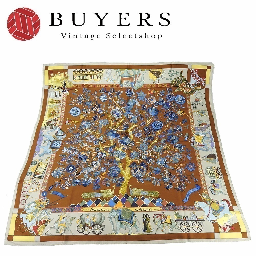 中古 エルメス スカーフ カレ90 シルク100％ fantaisies indiennes 眩惑のインド ブラウン レディース 女性 HERMES CARRE90 scarf silk brown