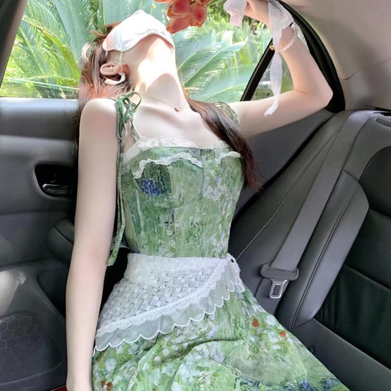 レースウエスト付き花柄ミディワンピース 韓国風セットアップコーデ