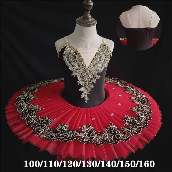 クラシックチュチュ バレエレオタード 子供ダンス衣装 チュチュ バレエ 子供バレエ 子供用舞台衣装 バレエ発表会 レオタード 女の子 ブラック レッド 刺繍 豪華 袖なし キャミソール ノースリーブ