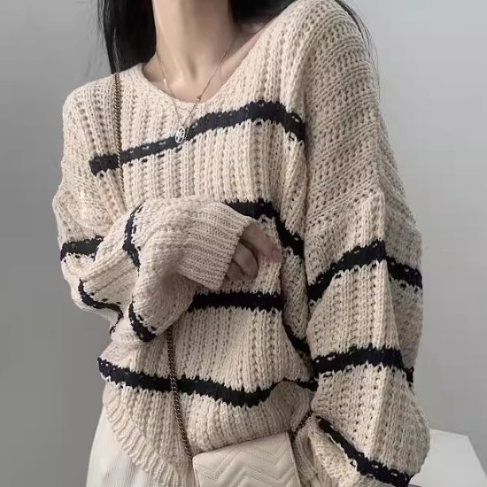 ニットセーター レディース トップス セーター ニット 長袖 Ｖネック ルーズ ボーダー バイカラー コントラストカラー カジュアル お出かけ おしゃれ プルオーバー 女性 ファッション