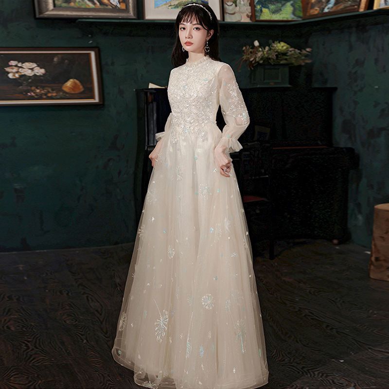 カラードレス ファスナー パーティードレス フォーマルドレス ロングドレス 長袖 シャンパン タンポポ柄 結婚式 二次会 発表会 演奏会 ウェディングドレス 大人 ゲストドレス 花嫁 ブライダル ウエ