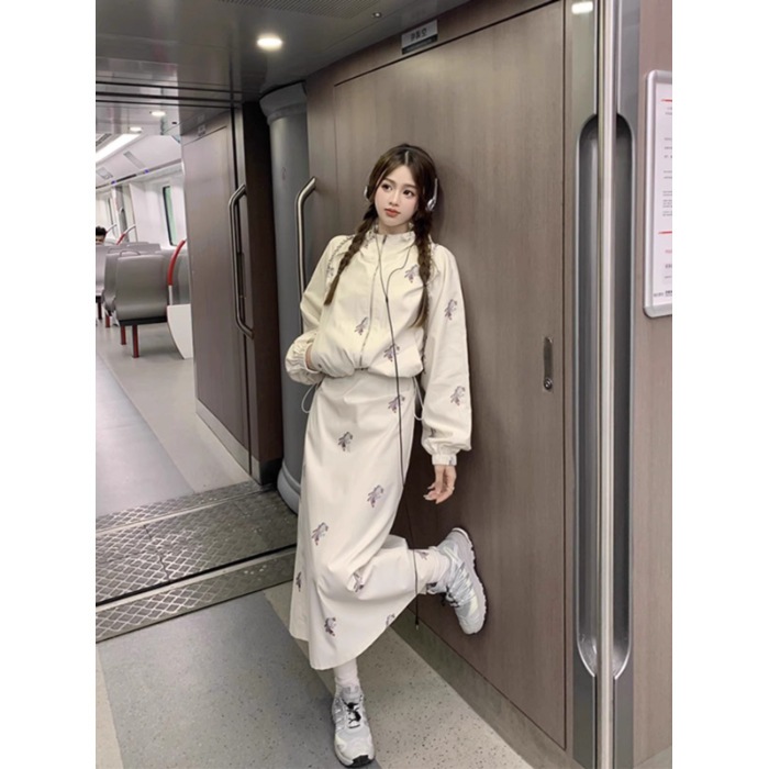 【セットアップ】ジャケット＋ワンピース ジャンパー ブルゾン ワンピース ツーピース ２点セット キャミソールワンピース set up 可愛い デート アメカジ カジュアル ストリート レディース D