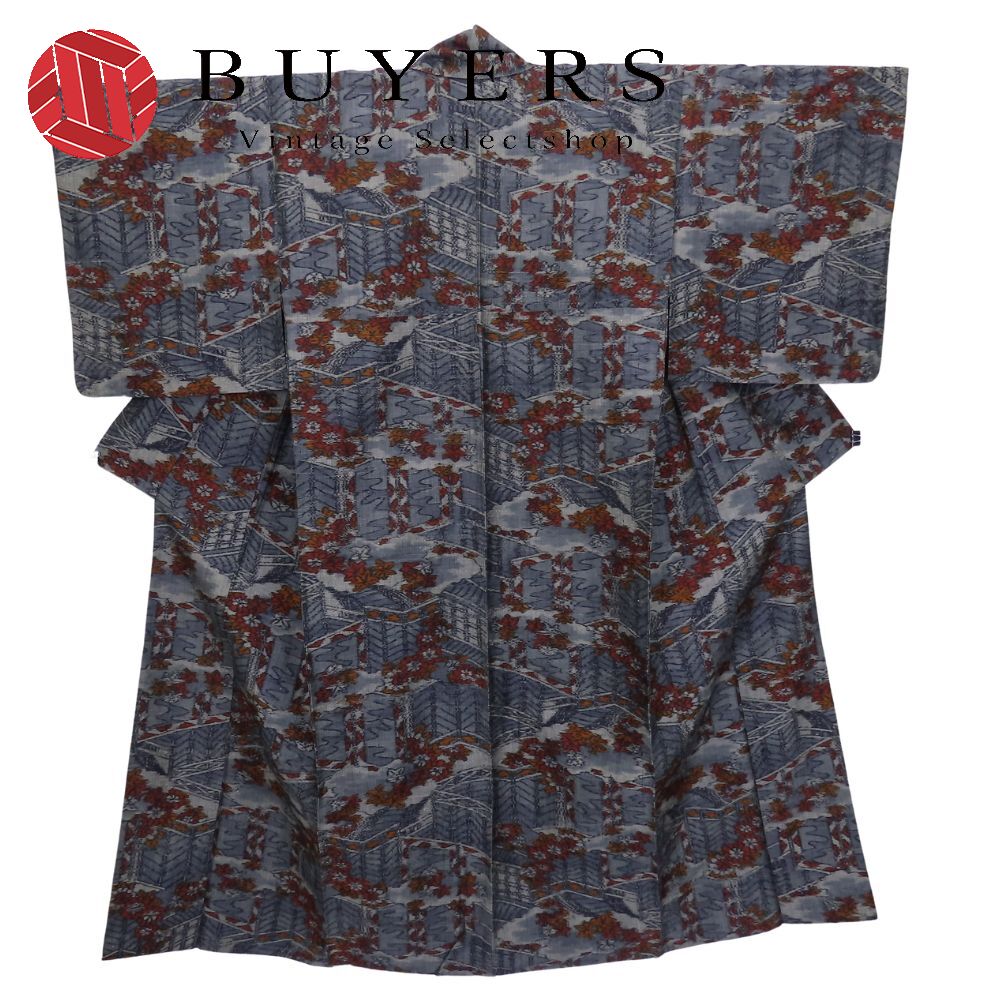 中古 紬 正絹 ブルーグレー オレンジ レッド 単衣 竜田川模様 和装 呉服 和服 きもの レディース 女性