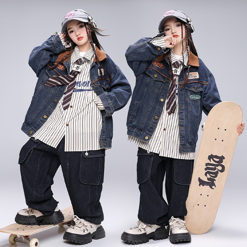 キッズヒップホップクールデニムセット 男女兼用 少儿パフォーマンス服