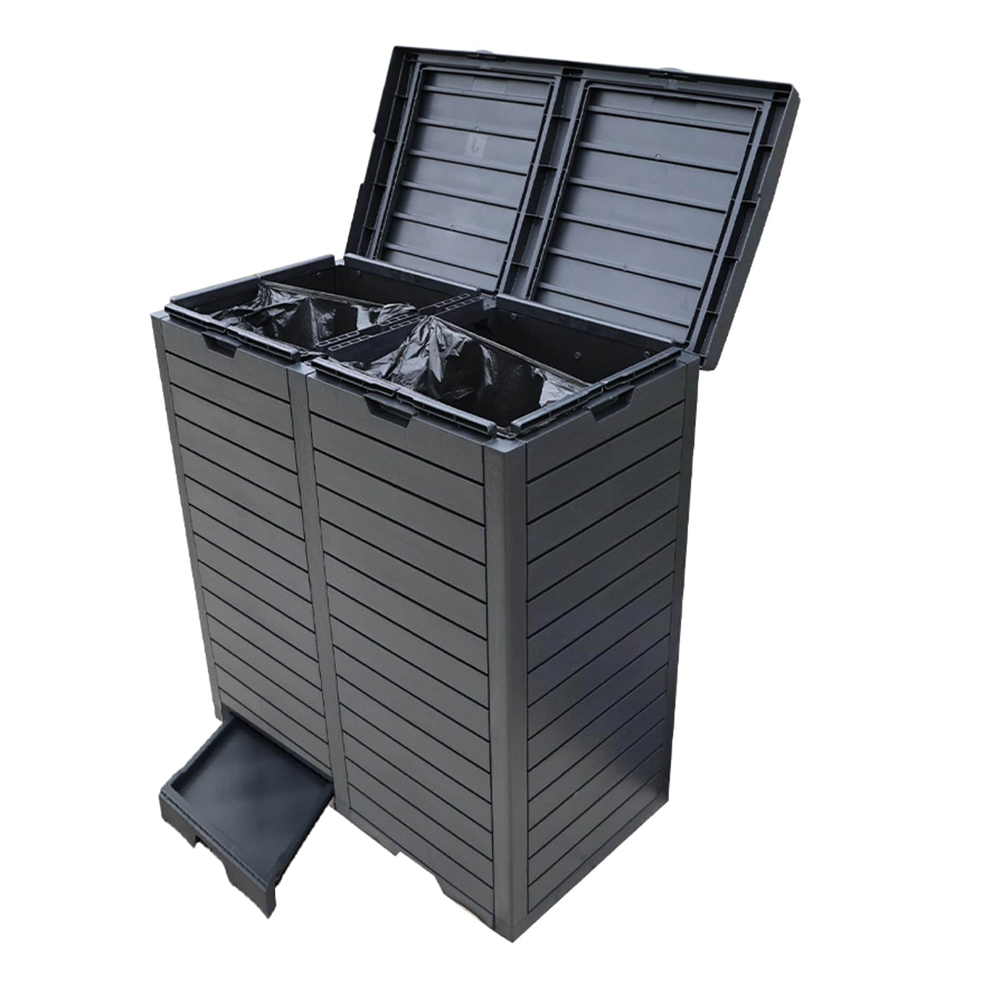 ゴミ箱 屋外収納庫 230L 大容量 ゴミステション 樹脂製 軽量 完全防水 ふた付き 液体受けトレイ付きゴミ荒らし防止 カラス除け 野良猫対策 通気性 頑丈 安定 簡単組立 外置き 庭園用 物置 (