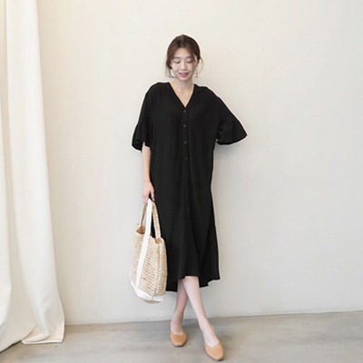 ワンピース ミモレ丈ワンピース シャツワンピース ミモレ丈 5分袖 Vネック 前開き ボタン かわいい 大人可愛い きれいめ シンプル 上品 おしゃれ かっこいい レトロ こなれ感 個性的 主役級