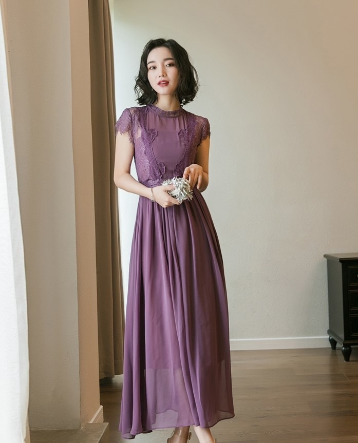 1939.半袖レースロングドレス 2019 春夏 sale ワンピース 花柄 Aライン シフォン ハイネック エレガント お呼ばれ パーティー 結婚式 披露宴 女子会 レストラン デート