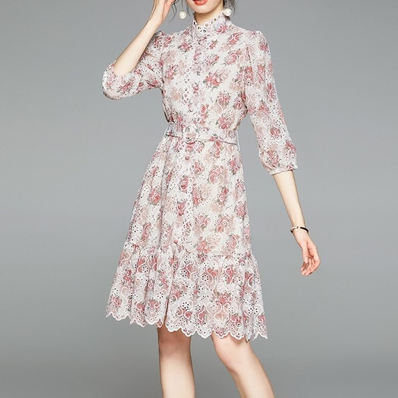 フローラルドレス レディース 送料無料 ワンピース dress パーティドレス 花柄カットワークワンピースドレス スカラップレーススタンドフリル花柄ワンピース ウエストベルト7分袖フラワーミディアムド