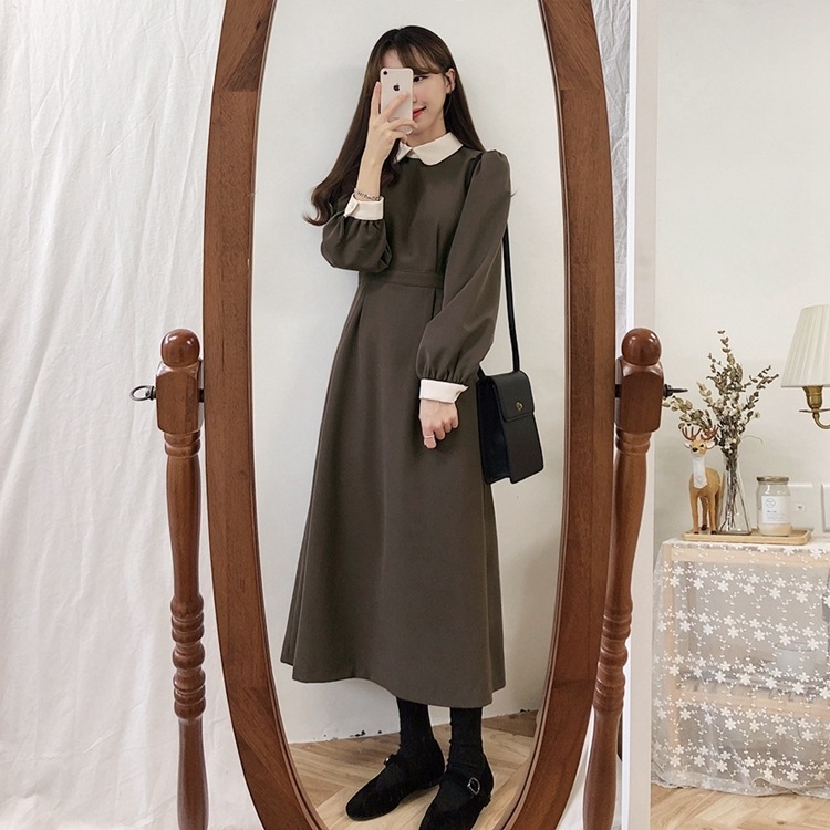 ワンピース フレアワンピース ミモレ丈 ロング丈 長袖 ハイネック フレア セミフレア かわいい 大人可愛い きれいめ シンプル カジュアル 大人 上品 おしゃれ お洒落 レトロ 大人可愛い 大人女子