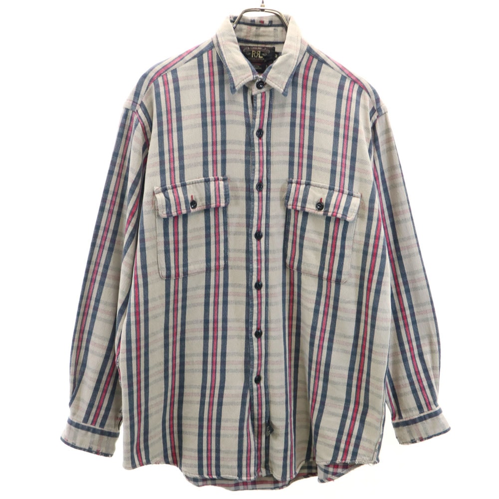90s 初期タグ 赤3星 オールド 長袖 ヘビーフランネル チェックシャツ M グレージュ 他 RALPH LAUREN ラルフローレン メンズ