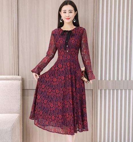 1247．花柄レースロングワンピース（レッド）